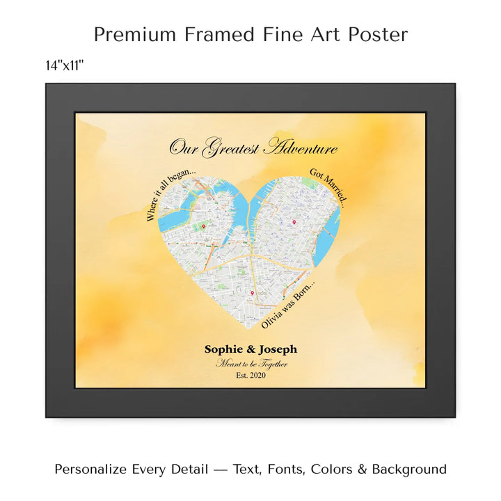 Personalized heart map print showing three meaningful locations with custom title, labels, names, and date - 14x11 framed poster-ARTFULANE