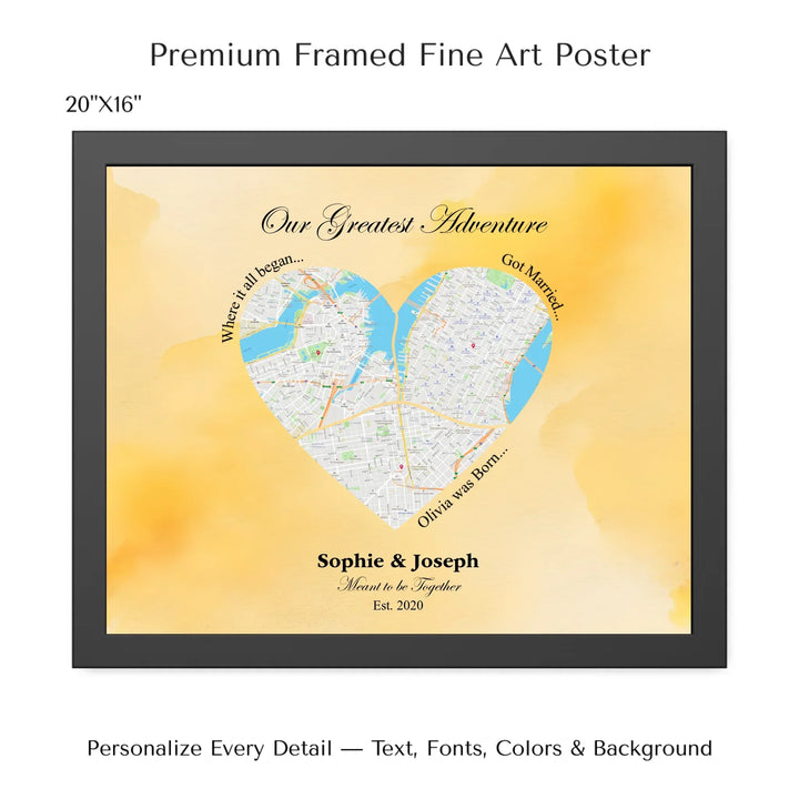 Personalized heart map print showing three meaningful locations with custom title, labels, names, and date - 20x16 framed poster-ARTFULANE