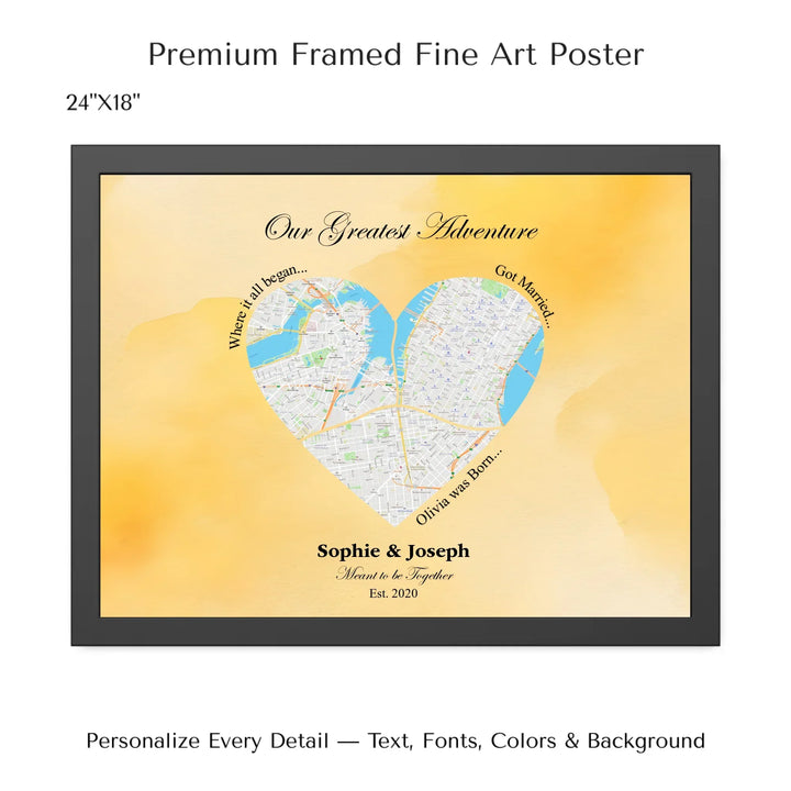 Personalized heart map print showing three meaningful locations with custom title, labels, names, and date - 24x18 framed poster-ARTFULANE