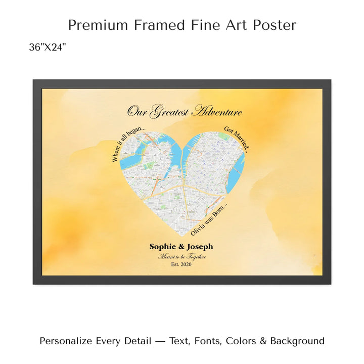 Personalized heart map print showing three meaningful locations with custom title, labels, names, and date - 36x24 framed poster-ARTFULANE