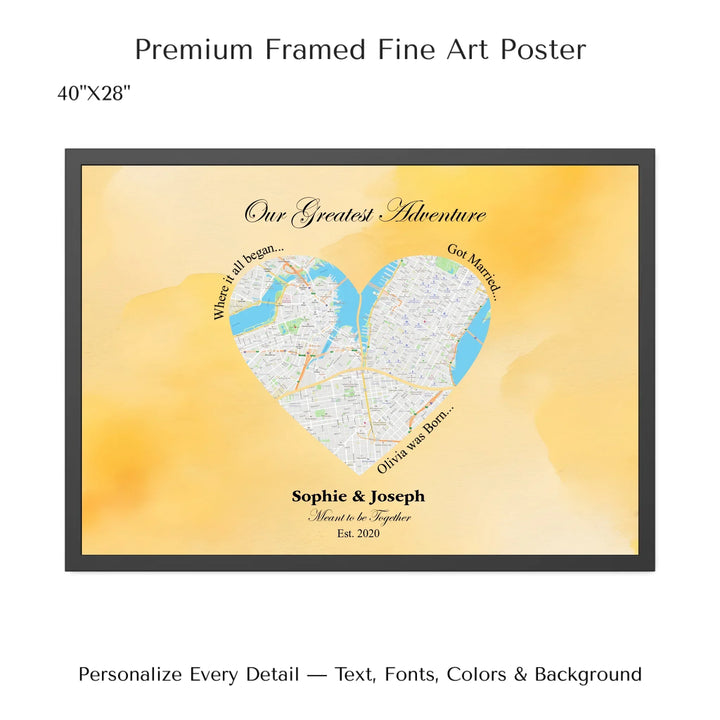 Personalized heart map print showing three meaningful locations with custom title, labels, names, and date - 40x28 framed poster-ARTFULANE