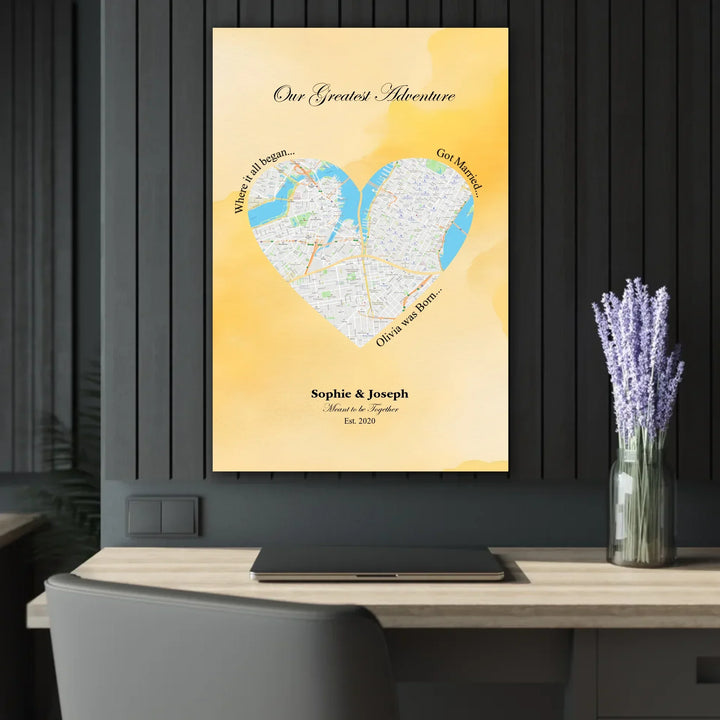 Personalized heart map print showing three meaningful locations with custom title, labels, names, and date - 24x36 acrylic print french with cleat context-ARTFULANE