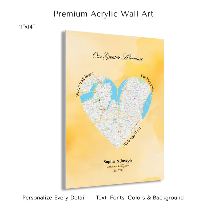 Personalized heart map print showing three meaningful locations with custom title, labels, names, and date - 11x14 acrylic print with french cleat-ARTFULANE