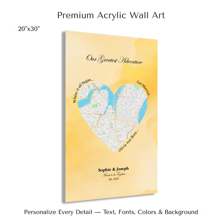 Personalized heart map print showing three meaningful locations with custom title, labels, names, and date - 20x30 acrylic print with french cleat-ARTFULANE