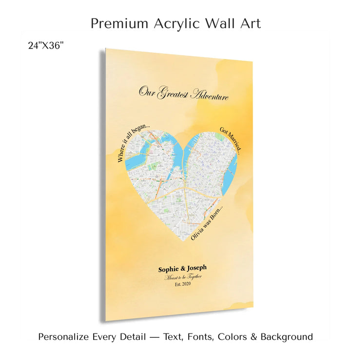 Personalized heart map print showing three meaningful locations with custom title, labels, names, and date - 24x36 acrylic print with french cleat-ARTFULANE