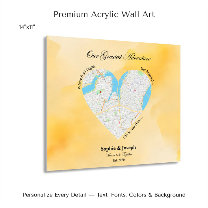 Personalized heart map print showing three meaningful locations with custom title, labels, names, and date - 14x11 acrylic print with french cleat-ARTFULANE