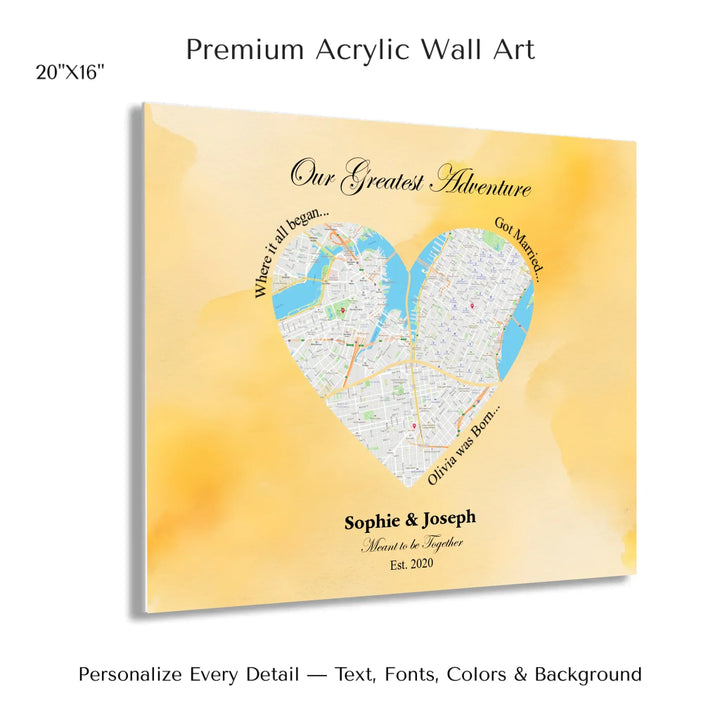 Personalized heart map print showing three meaningful locations with custom title, labels, names, and date - 20x16 acrylic print with french cleat-ARTFULANE
