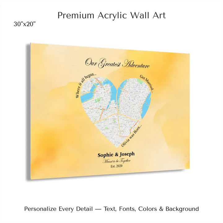 Personalized heart map print showing three meaningful locations with custom title, labels, names, and date - 30x20 acrylic print with french cleat-ARTFULANE