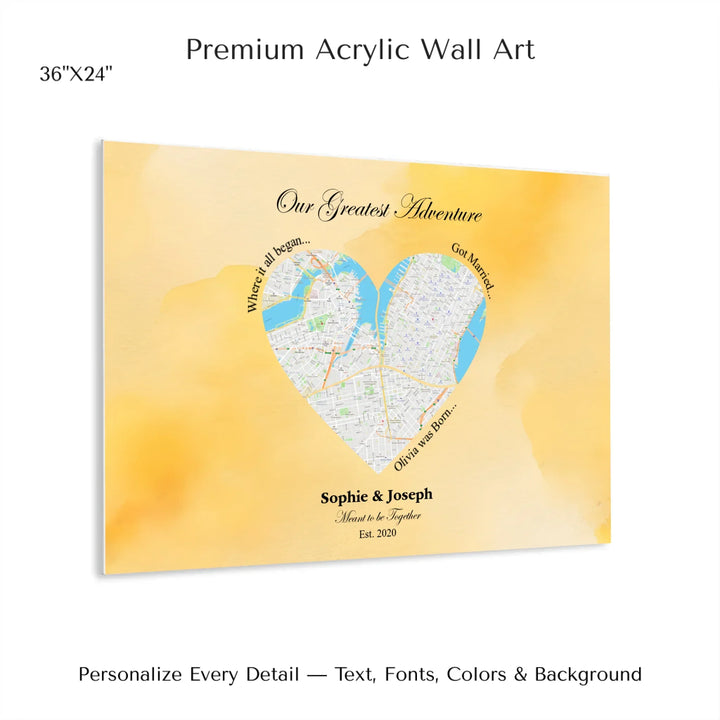 Personalized heart map print showing three meaningful locations with custom title, labels, names, and date - 36x24 acrylic print with french cleat-ARTFULANE