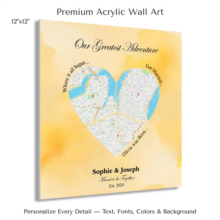 Personalized heart map print showing three meaningful locations with custom title, labels, names, and date - 12x12 acrylic print with french cleat-ARTFULANE