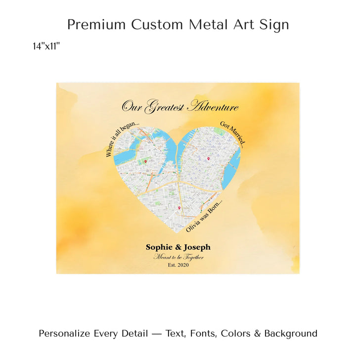 Personalized heart map print showing three meaningful locations with custom title, labels, names, and date - 14x11 metal art sign-ARTFULANE