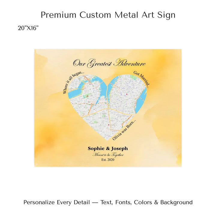 Personalized heart map print showing three meaningful locations with custom title, labels, names, and date - 20x16 metal art sign-ARTFULANE