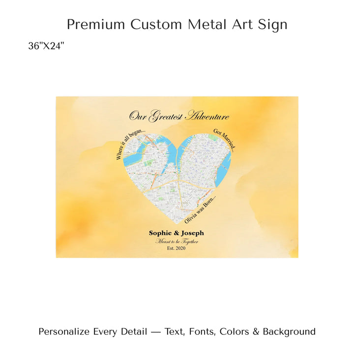 Personalized heart map print showing three meaningful locations with custom title, labels, names, and date - 36x24 metal art sign-ARTFULANE