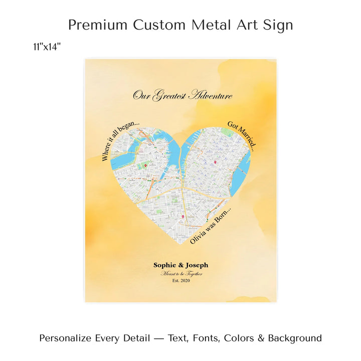 Personalized heart map print showing three meaningful locations with custom title, labels, names, and date - 11x14 metal art sign-ARTFULANE