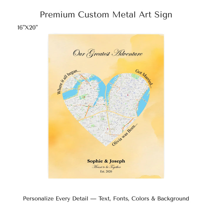 Personalized heart map print showing three meaningful locations with custom title, labels, names, and date - 16x20 metal art sign-ARTFULANE