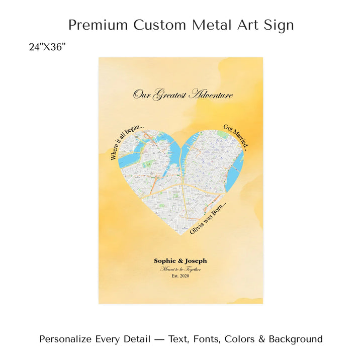Personalized heart map print showing three meaningful locations with custom title, labels, names, and date - 24x36 metal art sign-ARTFULANE