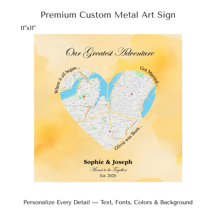 Personalized heart map print showing three meaningful locations with custom title, labels, names, and date - 11x11 metal art sign-ARTFULANE