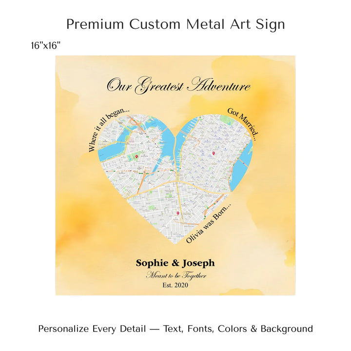 Personalized heart map print showing three meaningful locations with custom title, labels, names, and date - 16x16 metal art sign-ARTFULANE