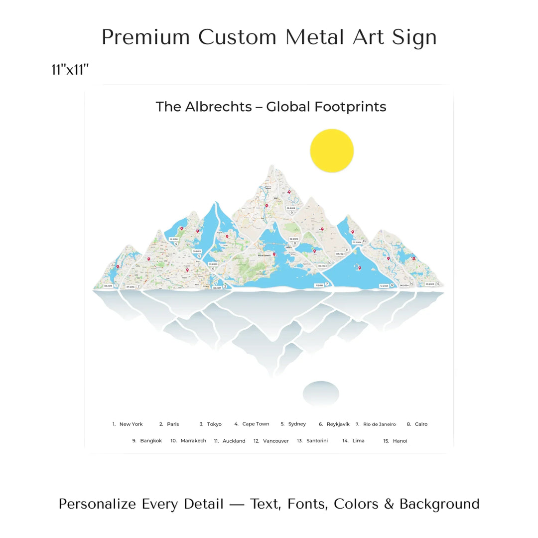 Custom Mountain Range Location Maps Wall Art - 11x11 metal art sign-ARTFULANE
