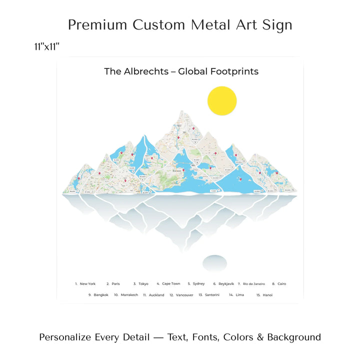 Custom Mountain Range Location Maps Wall Art - 11x11 metal art sign-ARTFULANE
