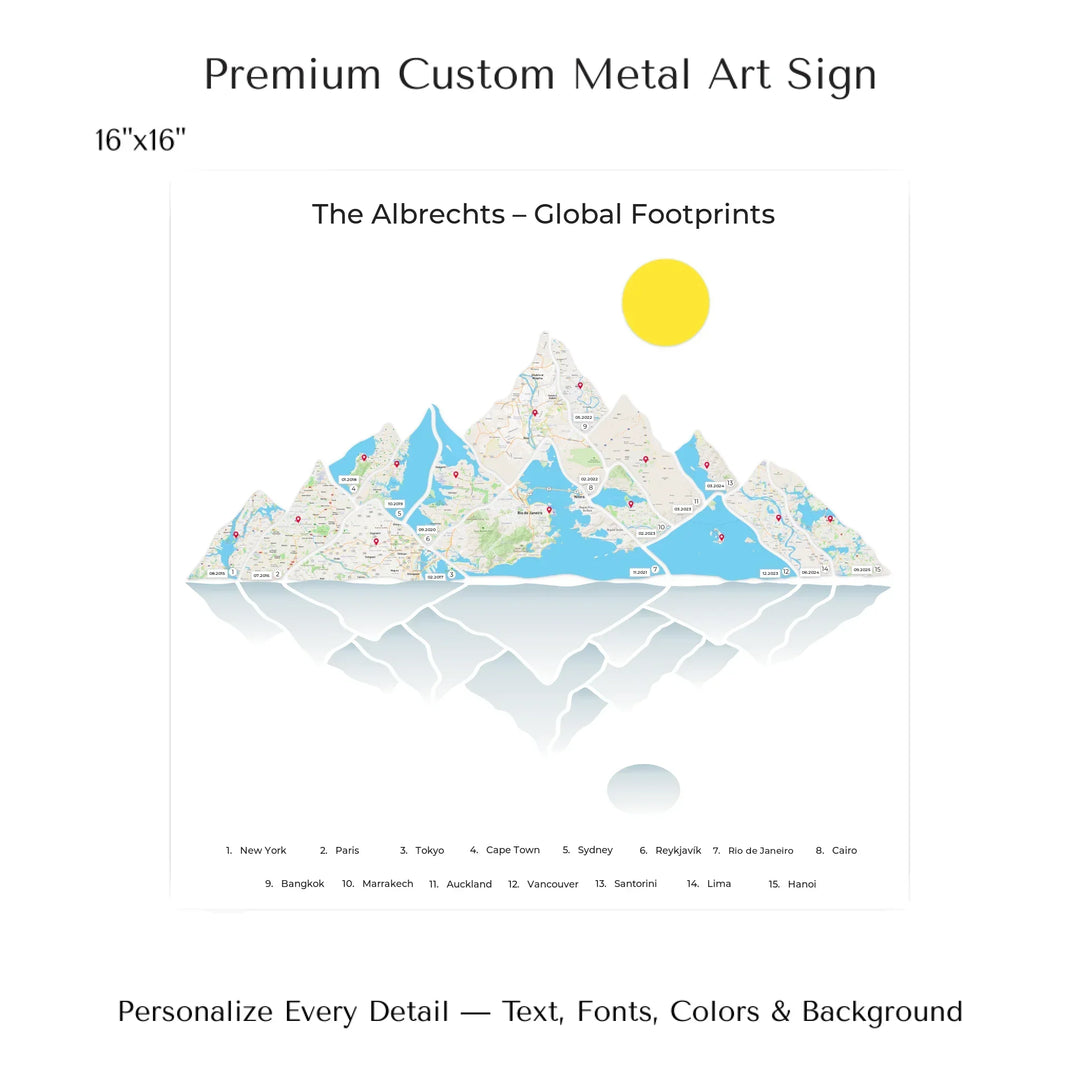 Custom Mountain Range Location Maps Wall Art - 16x16 metal art sign-ARTFULANE