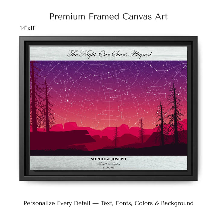 Framed personalized star map art over a scenic mountain landscape, custom title, names, date, and tagline -14x11 framed canvas-ARTFULANE