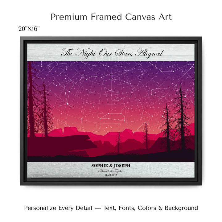 Framed personalized star map art over a scenic mountain landscape, custom title, names, date, and tagline -20x16 framed canvas-ARTFULANE