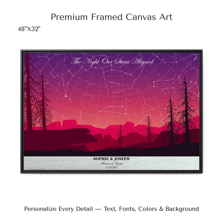 Framed personalized star map art over a scenic mountain landscape, custom title, names, date, and tagline -48x32 framed canvas-ARTFULANE