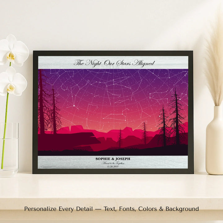 Framed personalized star map art over a scenic mountain landscape, custom title, names, date, and tagline -framed canvas on shelf-ARTFULANE