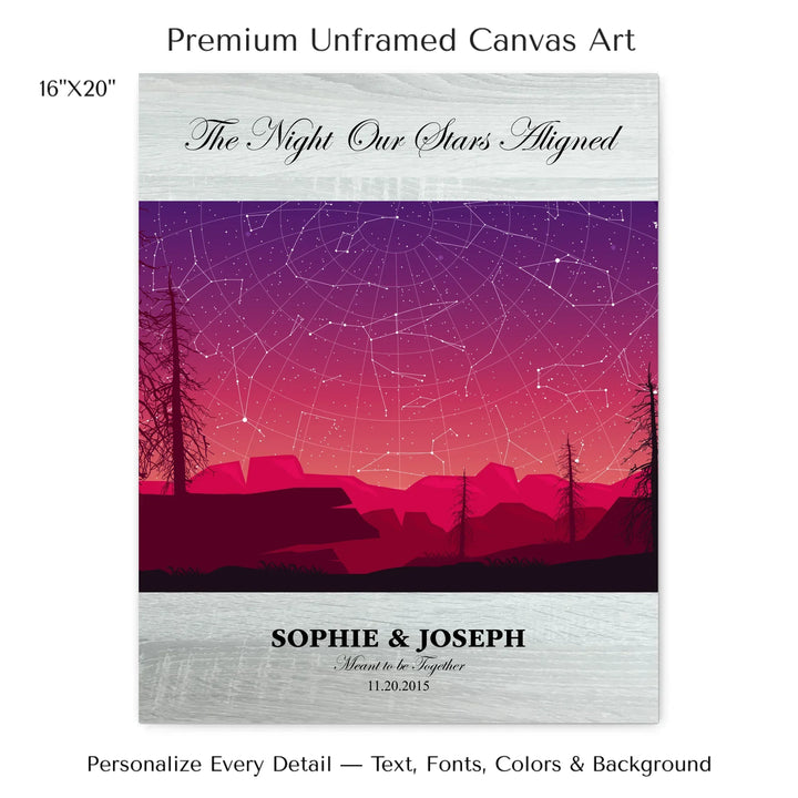 Framed personalized star map art over a scenic mountain landscape, custom title, names, date, and tagline -16x20 stretched canvas-ARTFULANE