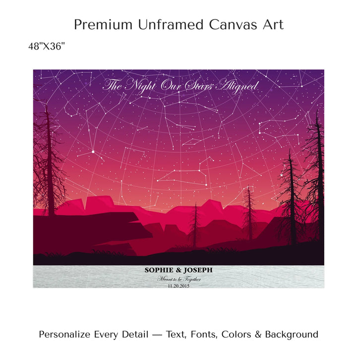 Framed personalized star map art over a scenic mountain landscape, custom title, names, date, and tagline -48x36 stretched canvas-ARTFULANE