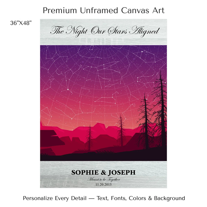 Framed personalized star map art over a scenic mountain landscape, custom title, names, date, and tagline -36x48 stretched canvas-ARTFULANE