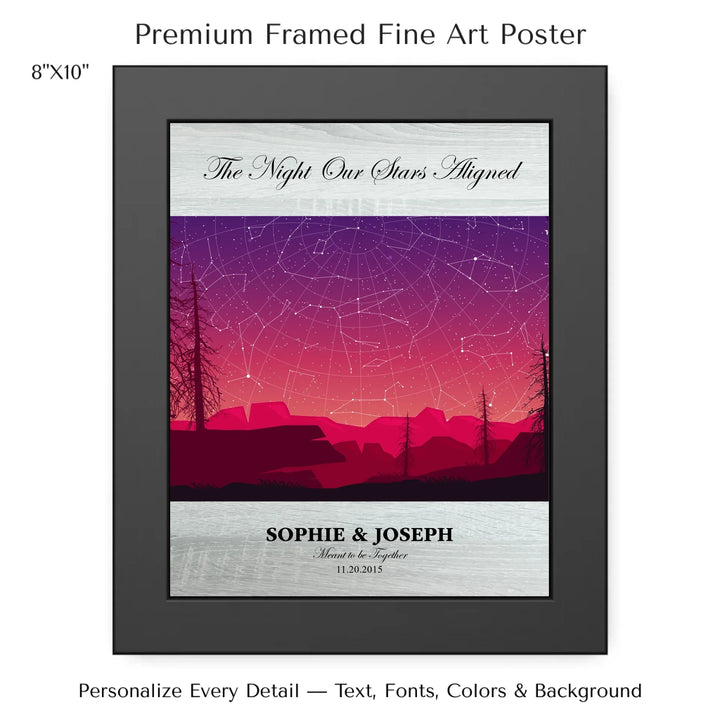 Framed personalized star map art over a scenic mountain landscape, custom title, names, date, and tagline -8x10 framed poster-ARTFULANE