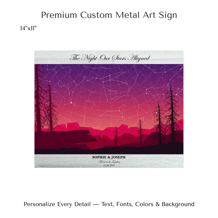 Framed personalized star map art over a scenic mountain landscape, custom title, names, date, and tagline -14x11 metal art sign-ARTFULANE