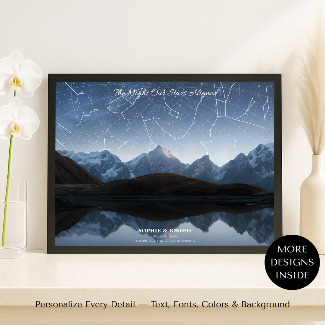 Personalized star map wall art with mountain landscape, custom night sky, constellation lines, and editable names, date, and coordinates -framed canvas on shelf-ARTFULANE