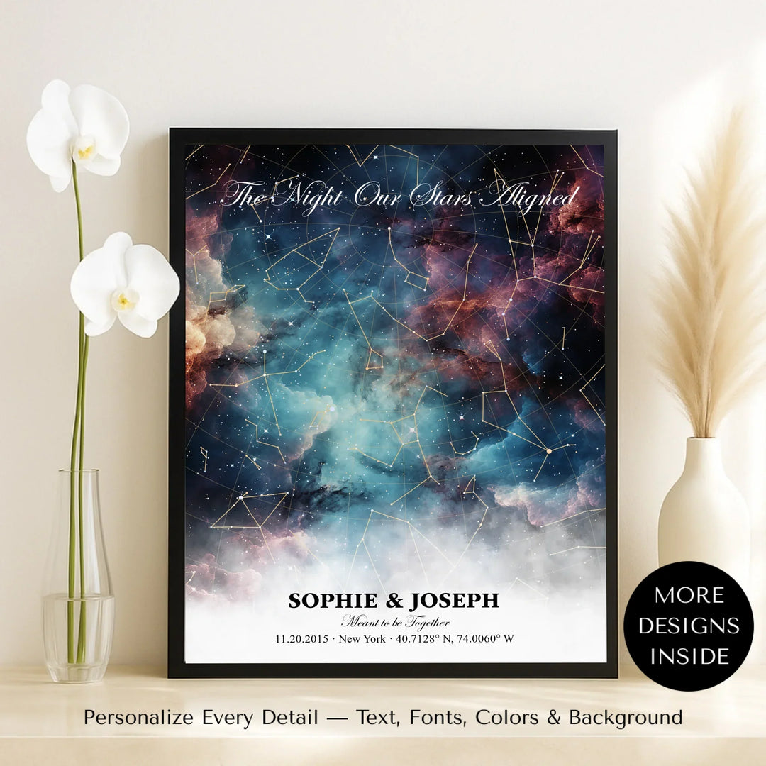 Personalized star map wall art with customizable background, title, names, date, location, and coordinates - framed canvas on table-ARTFULANE