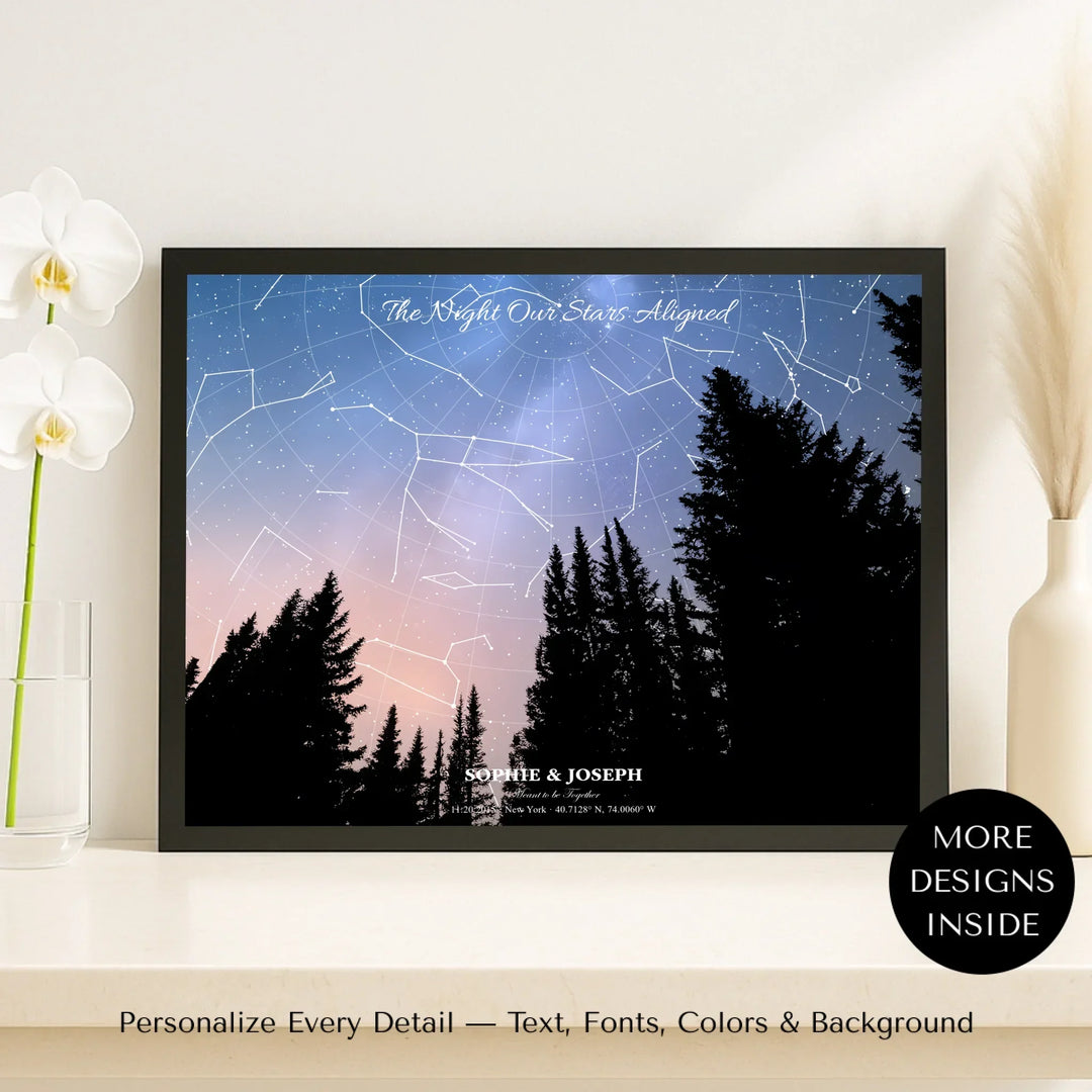 Personalized star map wall art with mountain landscape, custom night sky, constellation lines, and editable names, date, and coordinates -framed canvas on shelf-ARTFULANE