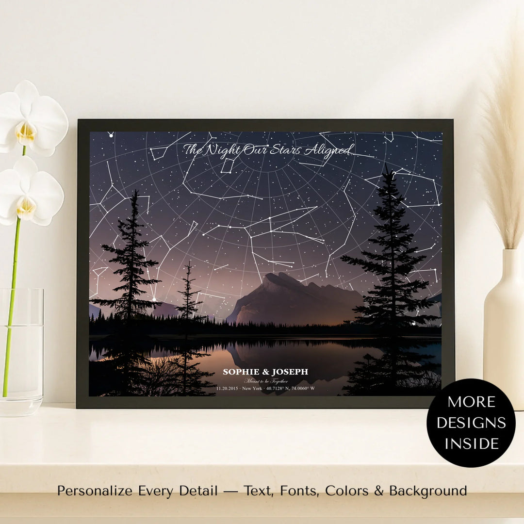 Personalized star map wall art with mountain landscape, custom night sky, constellation lines, and editable names, date, and coordinates -framed canvas on shelf-ARTFULANE