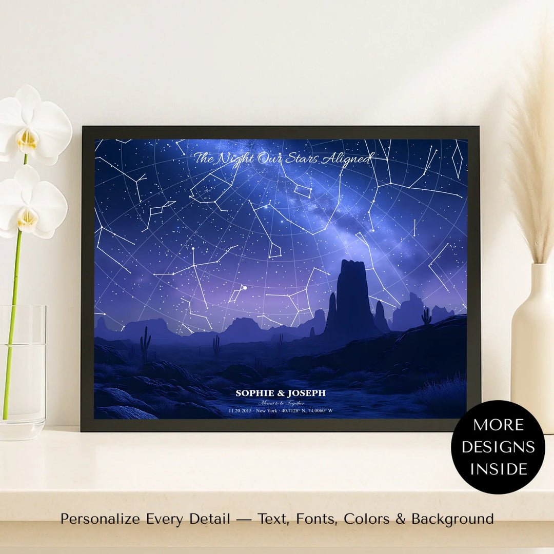 Personalized star map wall art with landscape, custom night sky, constellation lines, and editable names, date, and coordinates -framed canvas on shelf-ARTFULANE