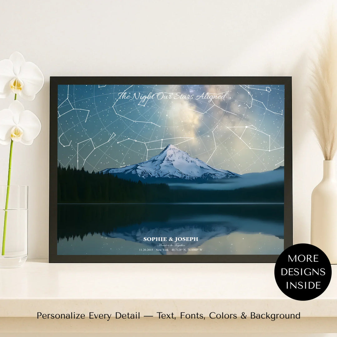 Personalized star map wall art with mountain landscape, custom night sky, constellation lines, and editable names, date, and coordinates -framed canvas on shelf-ARTFULANE
