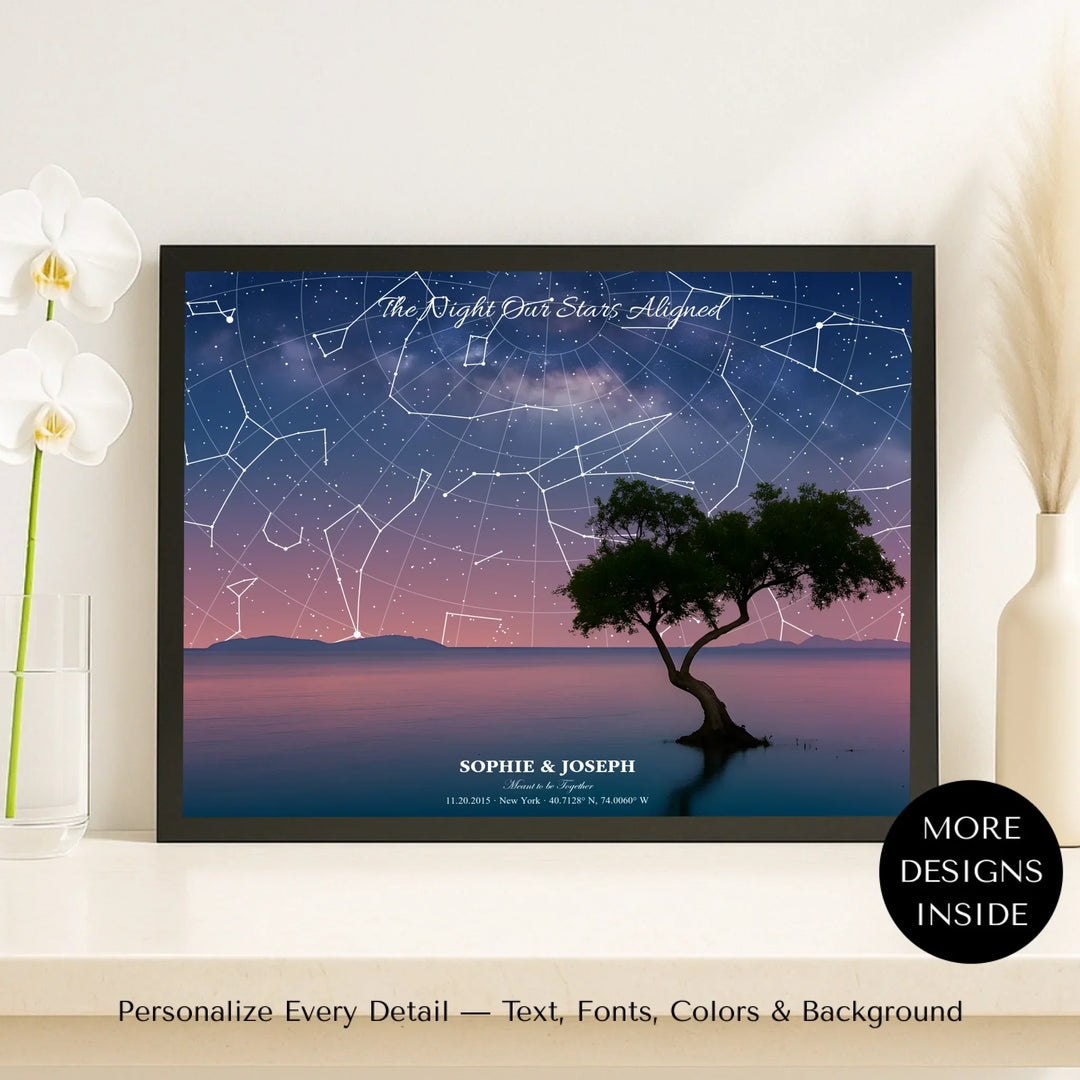 Personalized star map wall art with lake tree landscape, custom night sky, constellation lines, and editable names, date, and coordinates -framed canvas on shelf-ARTFULANE