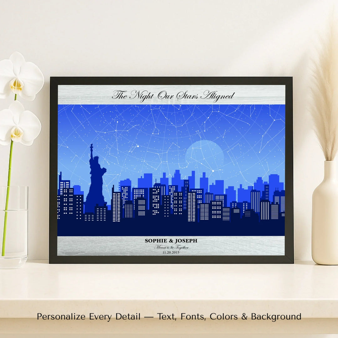 Custom star map wall art with New York City skyline background, personalized with names, date, and constellation layout - framed canvas on shelf-ARTFULANE