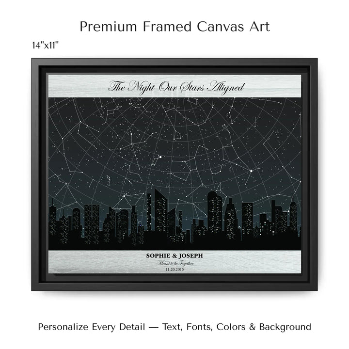 Custom star map wall art featuring a black city skyline, personalized with names, date, and constellation star chart - 14x11 framed canvas-ARTFULANE