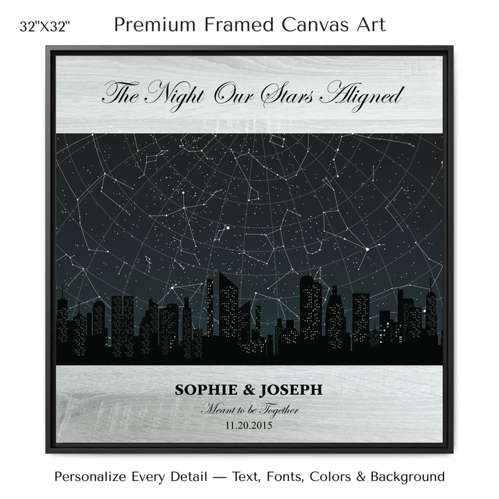 Custom star map wall art featuring a black city skyline, personalized with names, date, and constellation star chart - 32x32 framed canvas-ARTFULANE