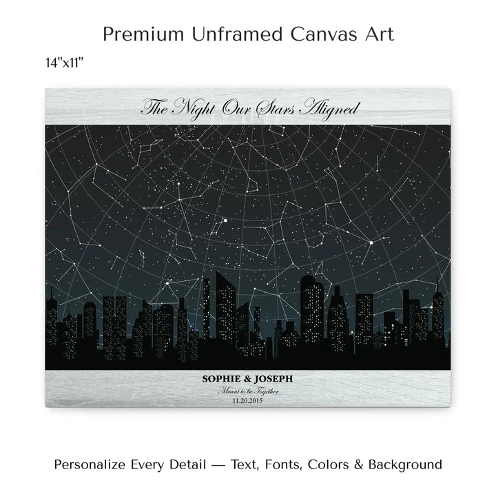 Custom star map wall art featuring a black city skyline, personalized with names, date, and constellation star chart - 14x11 stretched canvas-ARTFULANE