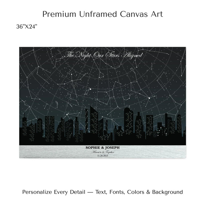 Custom star map wall art featuring a black city skyline, personalized with names, date, and constellation star chart - 36x24 stretched canvas-ARTFULANE