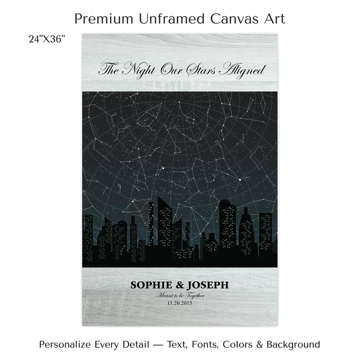 Custom star map wall art featuring a black city skyline, personalized with names, date, and constellation star chart - 24x36 stretched canvas-ARTFULANE