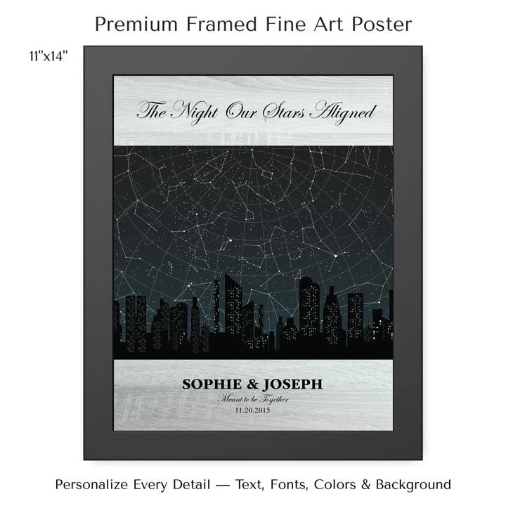 Custom star map wall art featuring a black city skyline, personalized with names, date, and constellation star chart - 11x14 framed poster-ARTFULANE