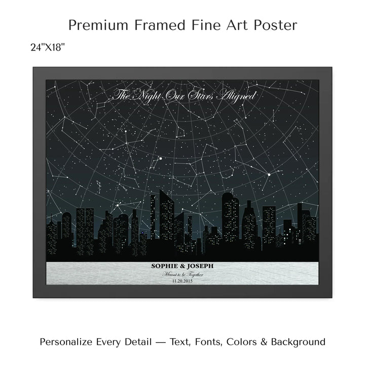 Custom star map wall art featuring a black city skyline, personalized with names, date, and constellation star chart - 24x18 framed poster-ARTFULANE