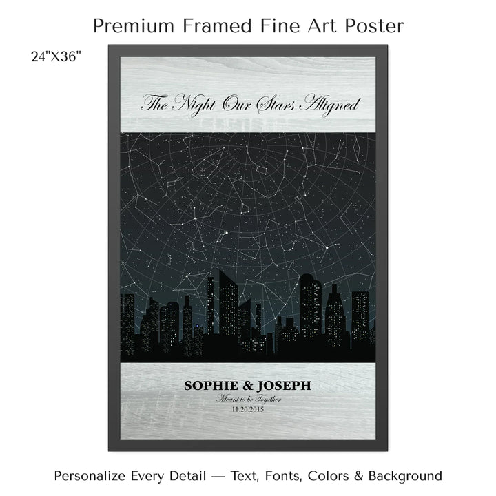Custom star map wall art featuring a black city skyline, personalized with names, date, and constellation star chart - 24x36 framed poster-ARTFULANE
